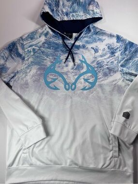 REALTREE Fishing Performance Hoodie Hunting Camping Outdoors, White/Blue, XL
